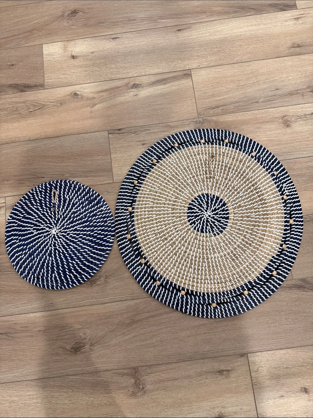 Woven Round Decorative Wall Baskets - Navy & Natural. Set of 2.